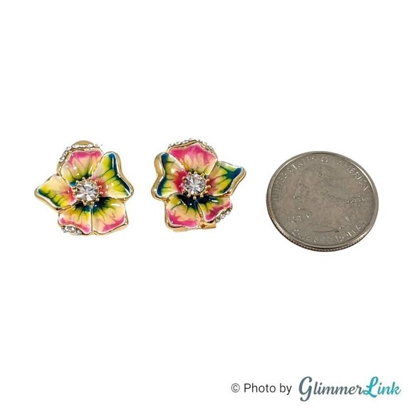 Bright Rainbow Enamel Hibiscus Gold Tone Lever Back Pierced Earrings - Picture 7 of 13